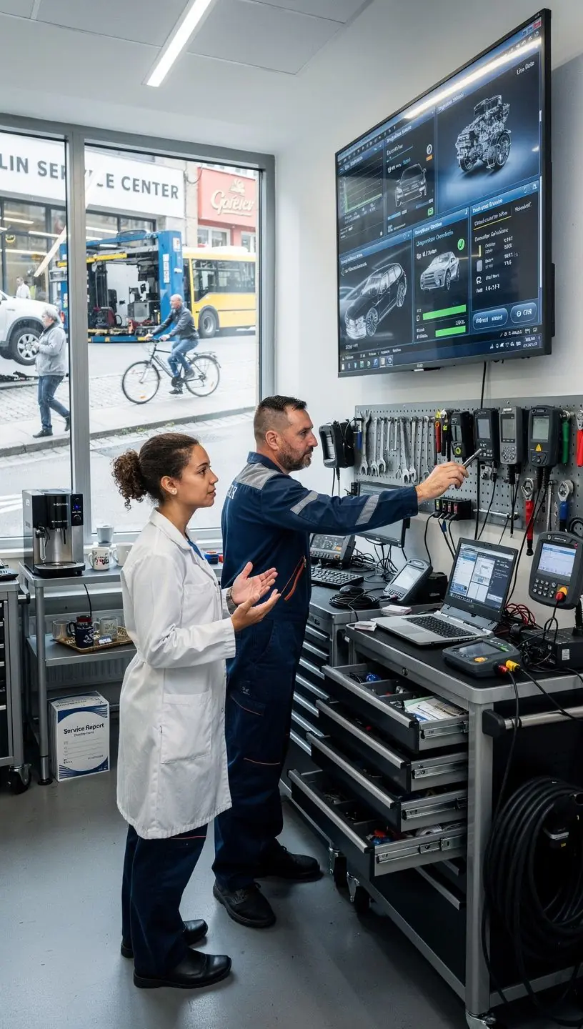 Techniker überprüft Bremsbeläge und Reifenprofil zur Sicherheit aller Fahrzeugtypen.